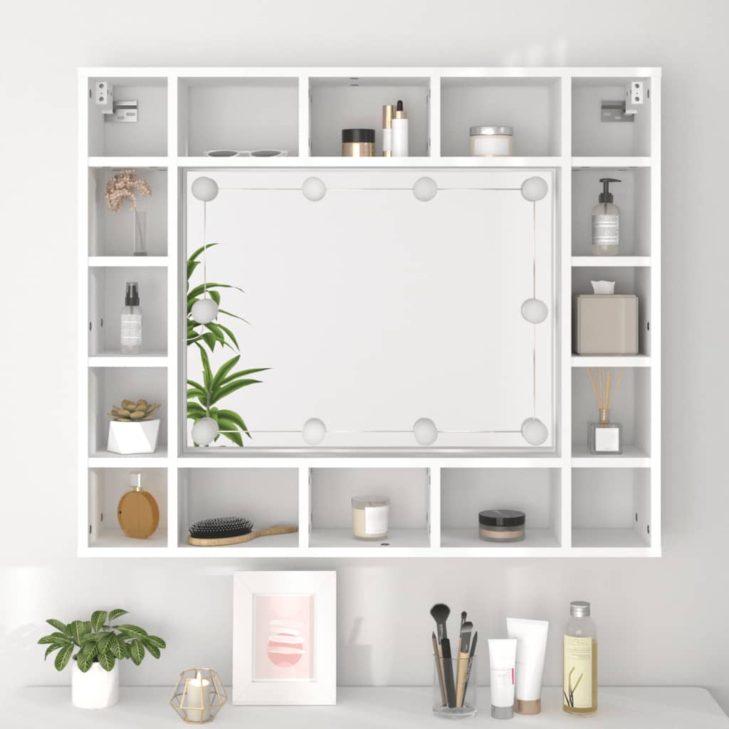 vidaXL Огледален шкаф с LED, бял, 91x15x76,5 см