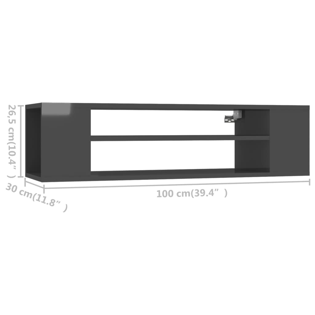 vidaXL Окачен TВ шкаф, сив гланц, 100x30x26,5 см, ПДЧ