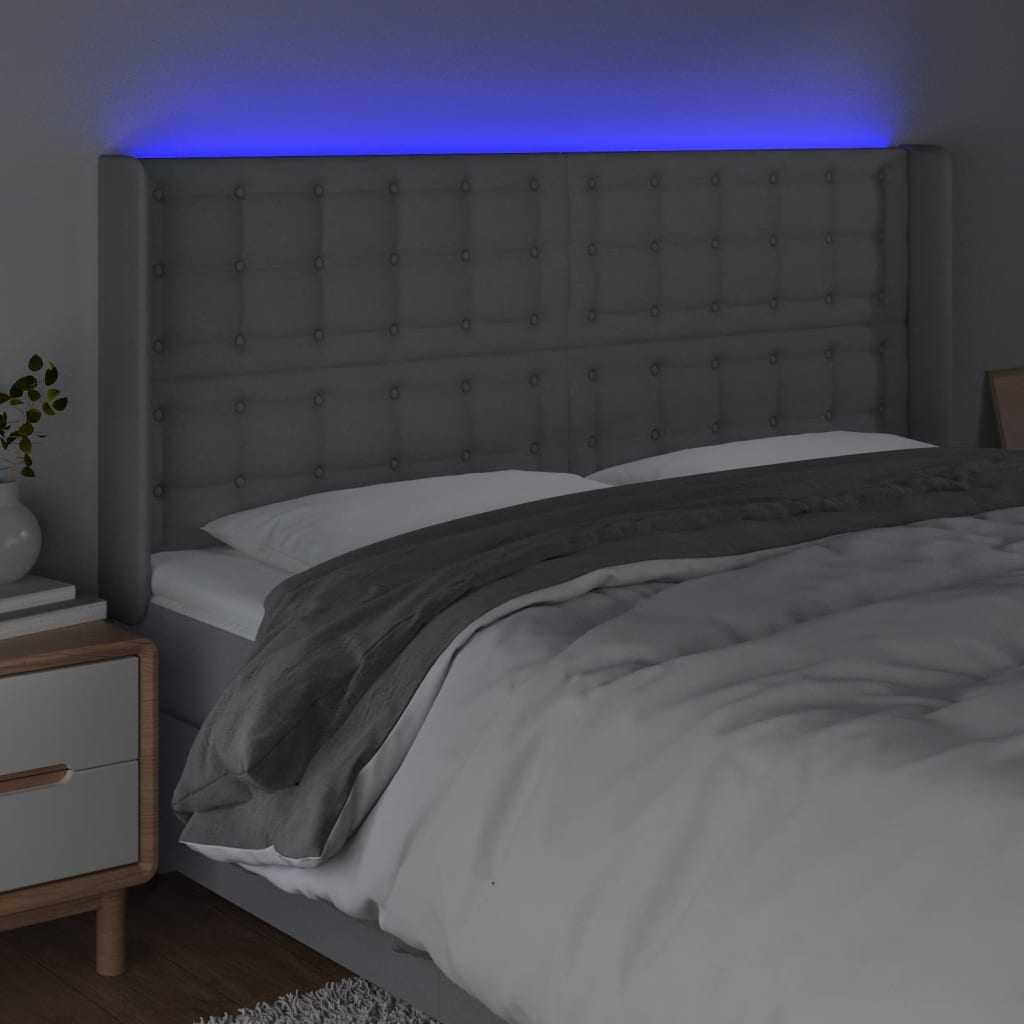 vidaXL LED горна табла за легло, светлосива, 163x16x118/128 см, плат