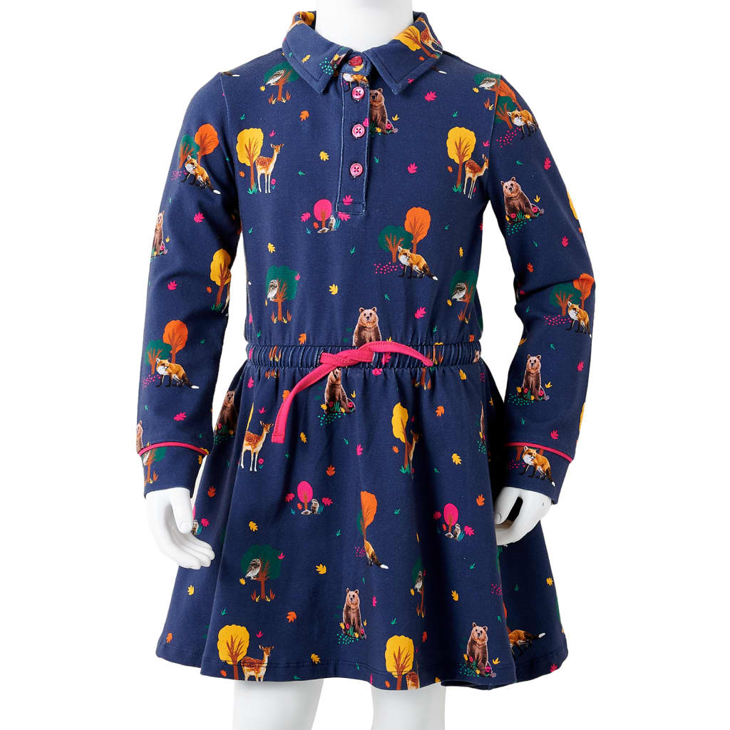 Детска рокля с дълъг ръкав и връв, тъмносиня, 92