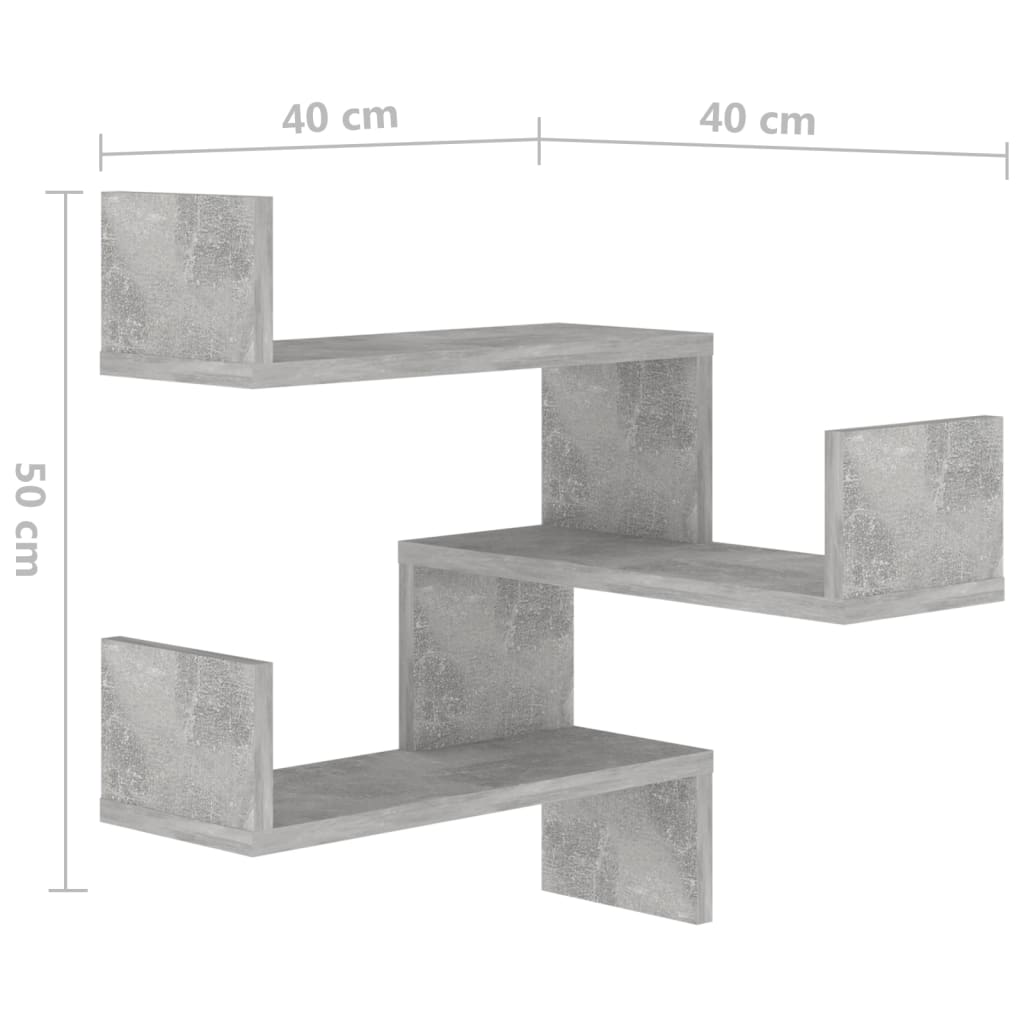 vidaXL Стенни ъглови рафтове, 2 бр, бетонно сиви, 40x40x50 см, ПДЧ
