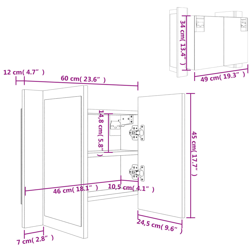 vidaXL Шкаф с LED огледало за баня, бял, 60x12x45 см, акрил