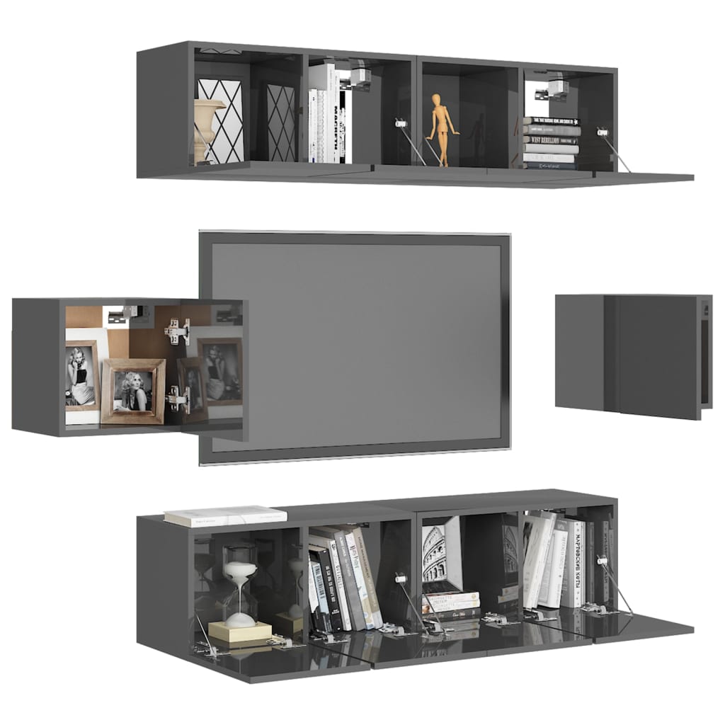 vidaXL Комплект ТВ шкафове от 6 части, сив гланц, ПДЧ