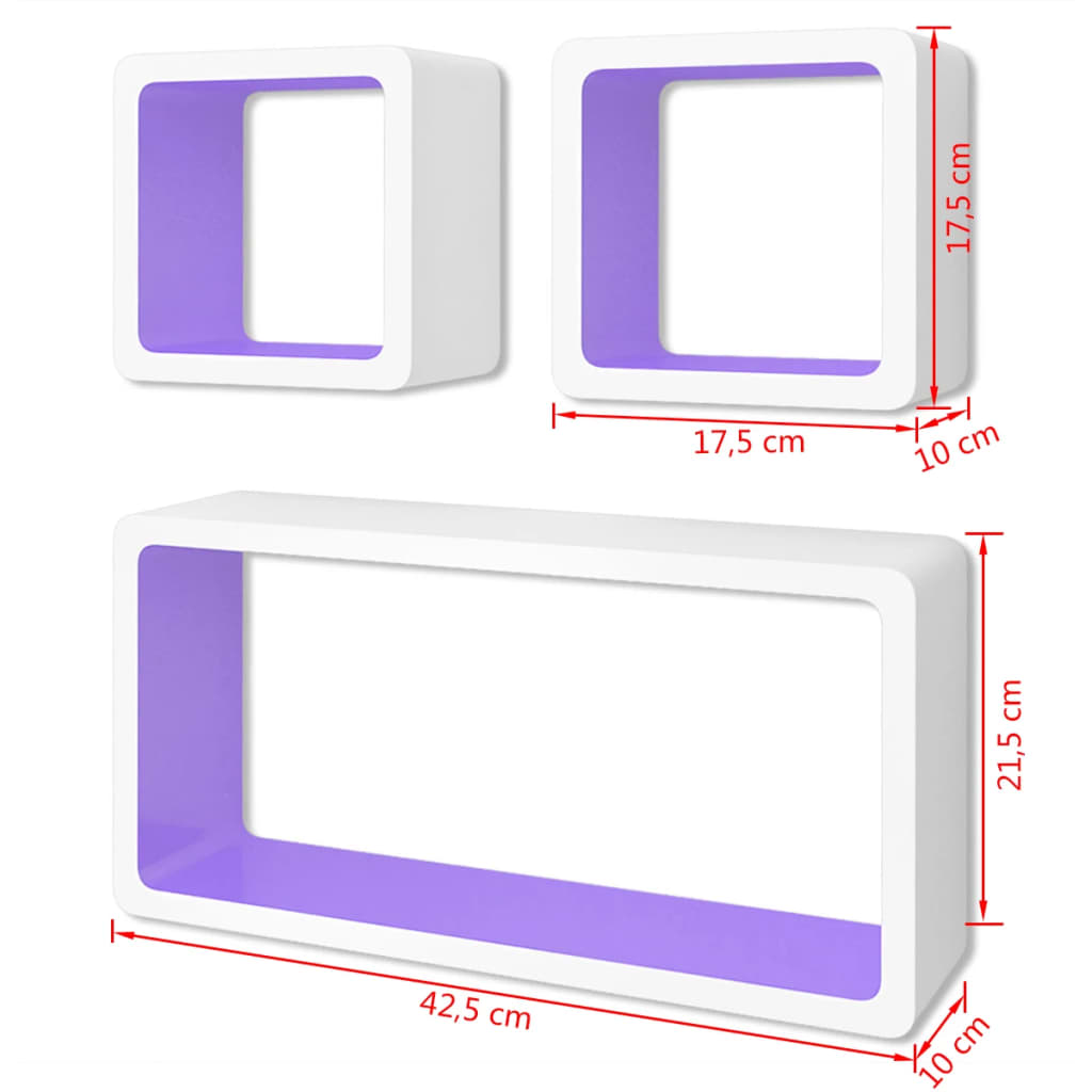 Стенни рафтове за съхранение на книги / DVD, МДФ, 3 бр, бяло-лилаво