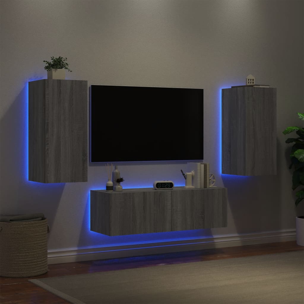vidaXL ТВ стенни шкафове, 3 части, с LED светлини, сив сонома