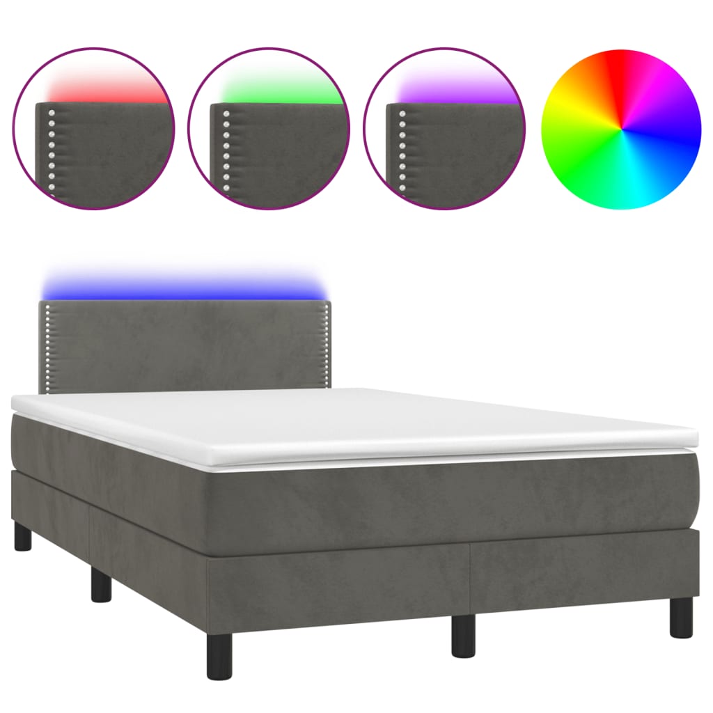 vidaXL Боксспринг легло с матрак и LED, тъмносиво, 120x190 см, кадифе