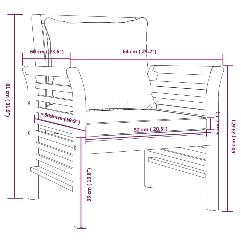 vidaXL Градински лаундж комплект с възглавници, 3 части, акация масив