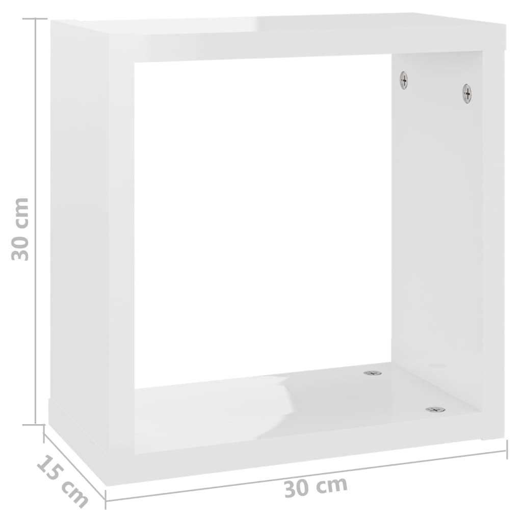 vidaXL Стенни кубични рафтове, 2 бр, бял гланц, 30x15x30 см