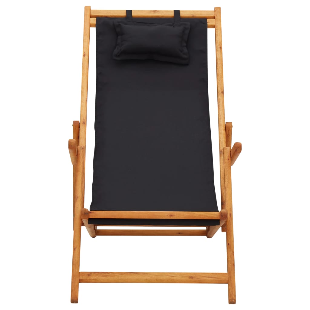 vidaXL Сгъваем плажен стол, евкалиптово дърво масив и текстил, черен