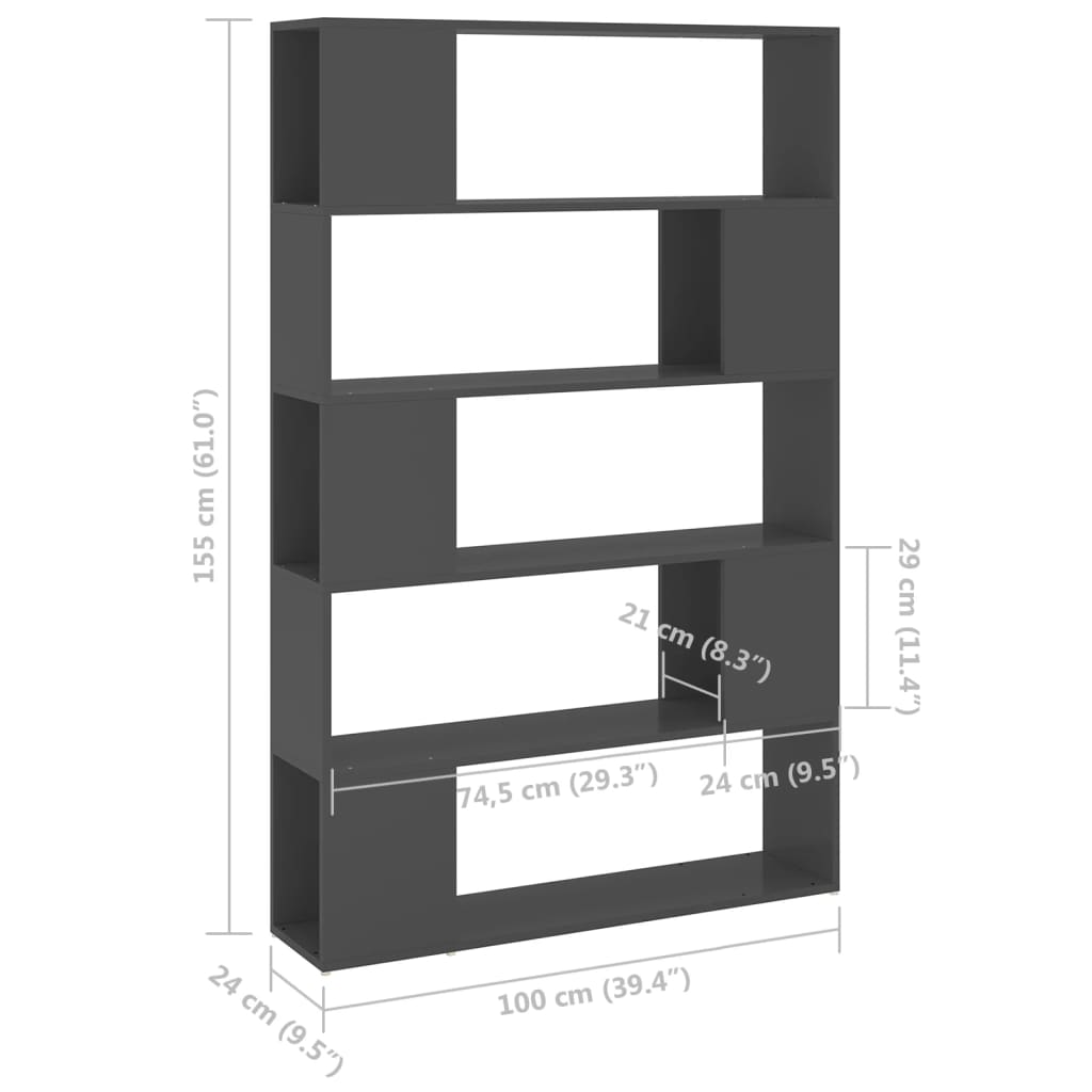 vidaXL Библиотека/разделител за стая, сива, 100x24x155 см, ПДЧ