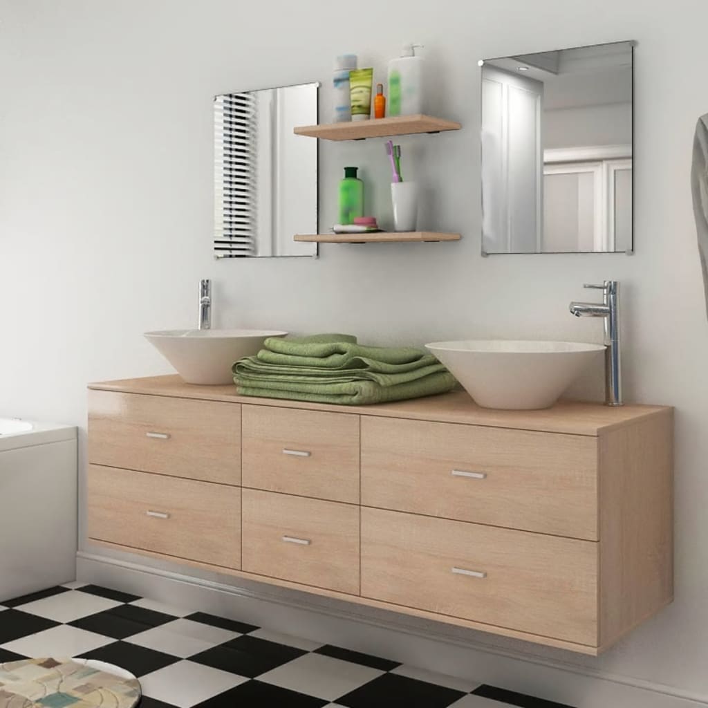 vidaXL Комплект мебели за баня от 7 части и мивка, бежов цвят