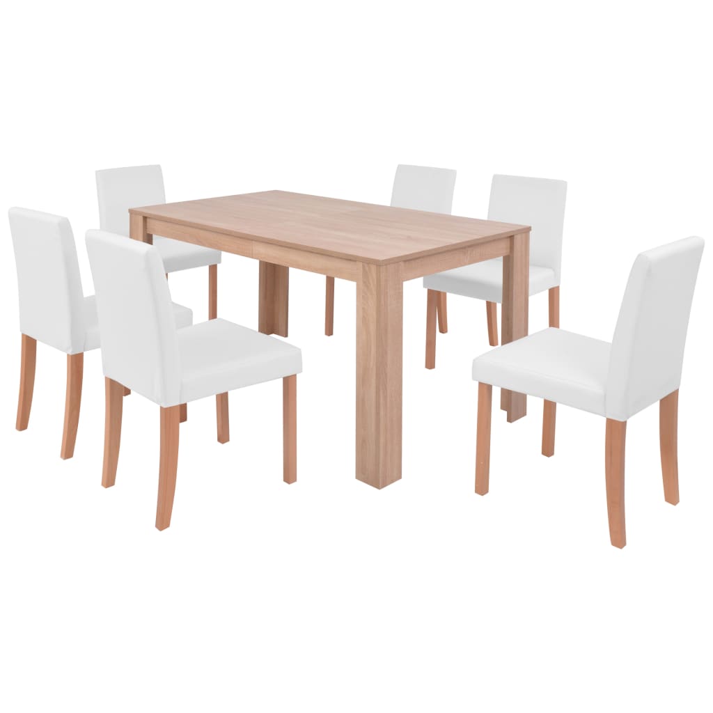 vidaXL Трапезна маса и столове, 7 части, изкуствена кожа, дъб, кремаво