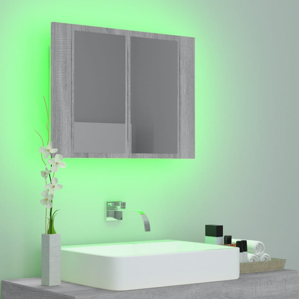 vidaXL LED огледален шкаф, сив сонома, 60x12x45 см, инженерно дърво