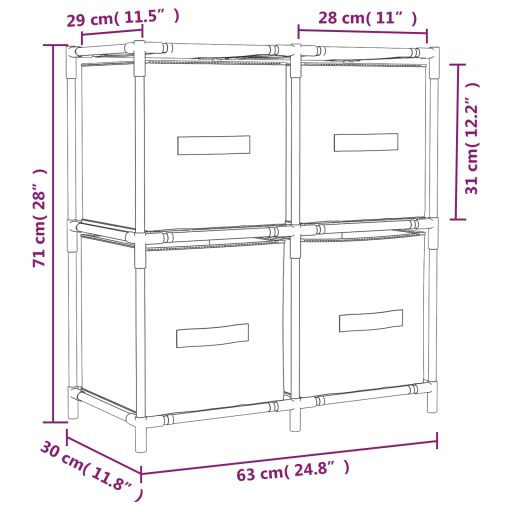 vidaXL Шкаф за съхранение 4 текстилни кошници сив 63x30x71 см стомана