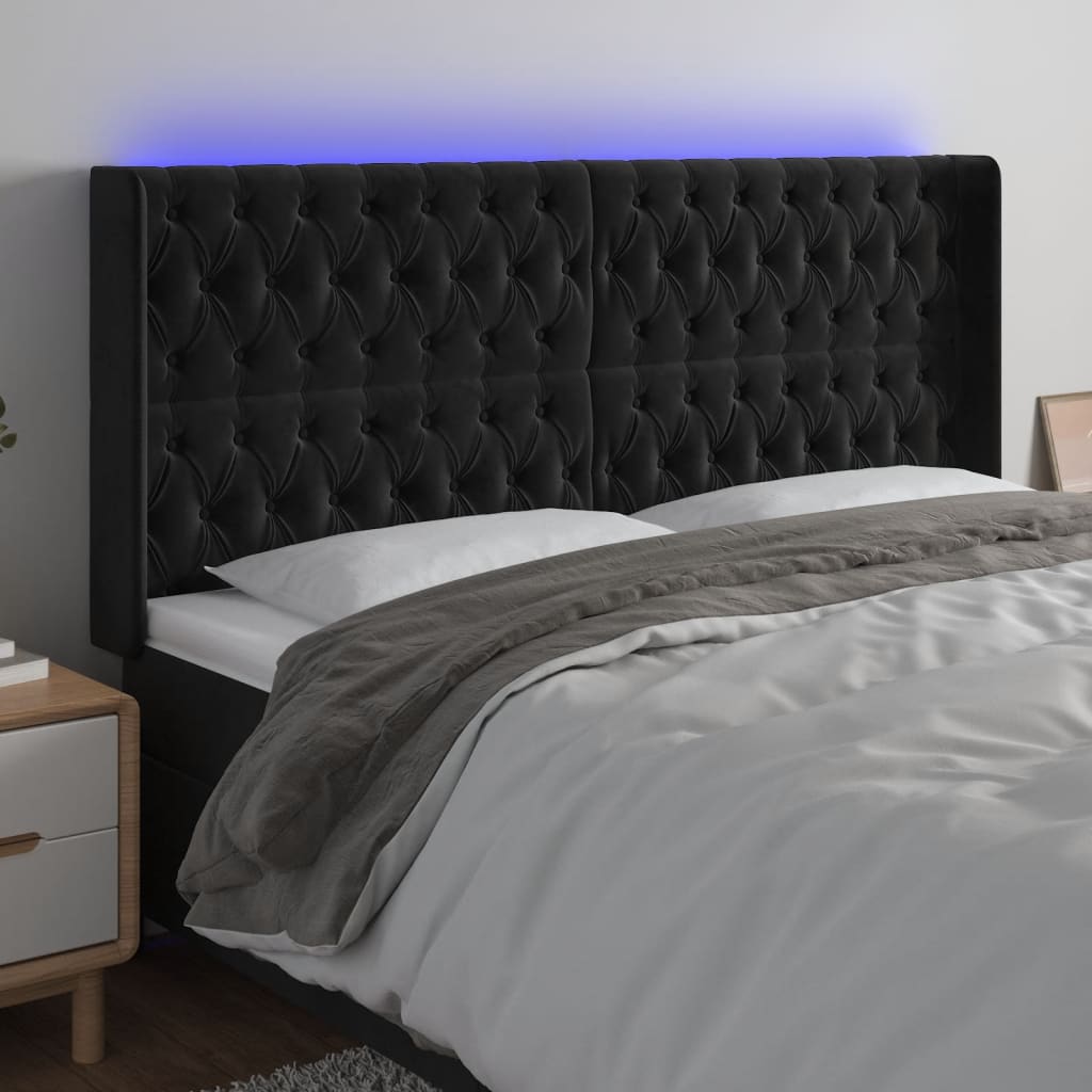 vidaXL LED горна табла за легло, черна, 203x16x118/128 см, кадифе