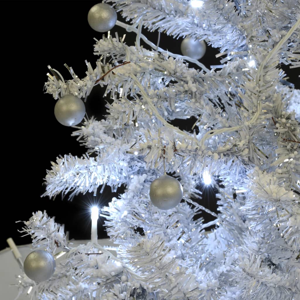 vidaXL Коледна елха с валящ сняг и основа от чадър, бяла, 170 см