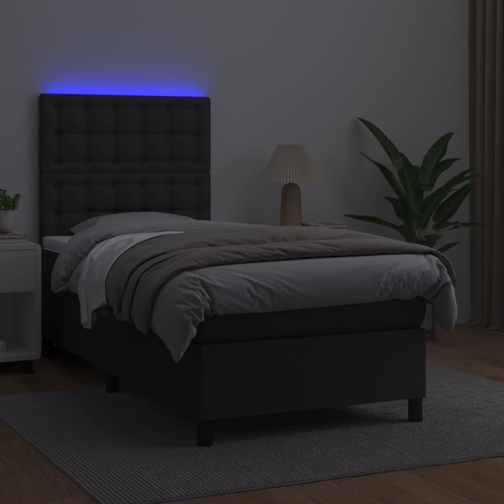 vidaXL Боксспринг легло с матрак и LED черно 90x190 см изкуствена кожа