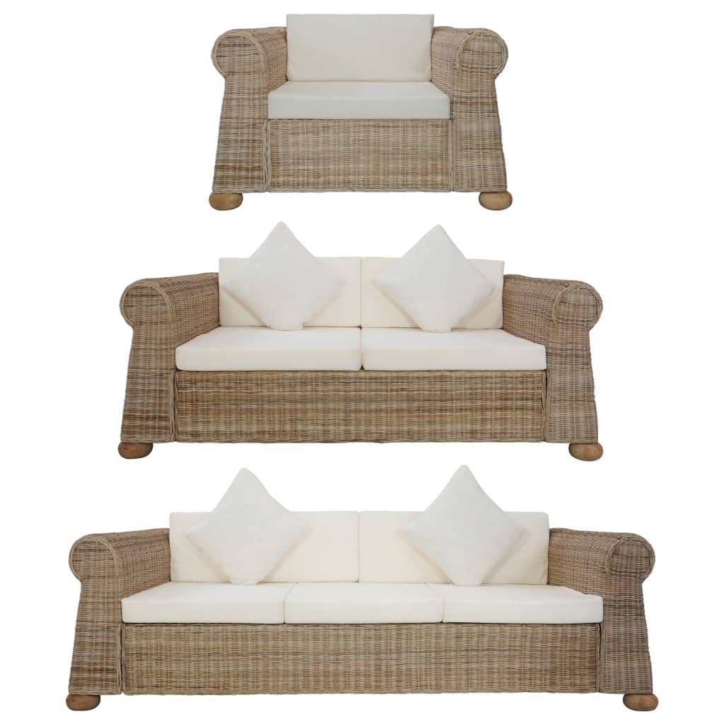 vidaXL Комплект мека мебел от 3 части, с възглавници, естествен ратан