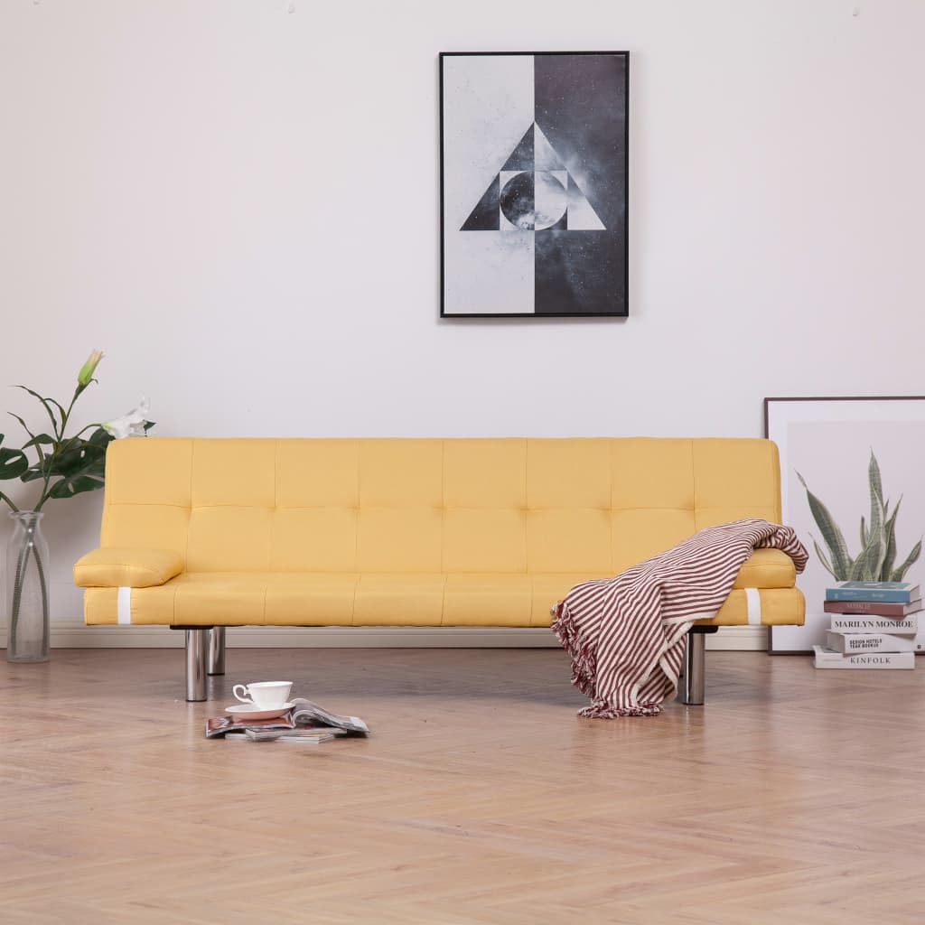 vidaXL Разтегателен диван с две възглавници, жълт, полиестер