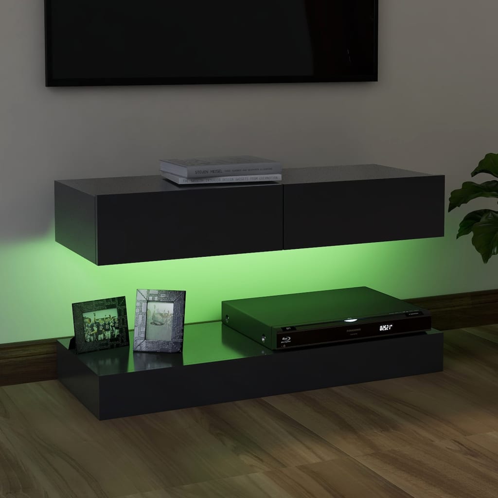 vidaXL ТВ шкаф с LED осветление, сив, 90x35 см