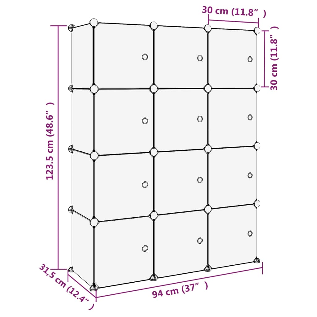 vidaXL Органайзер с кубични отделения и врати, 12 куба, прозрачен, PP