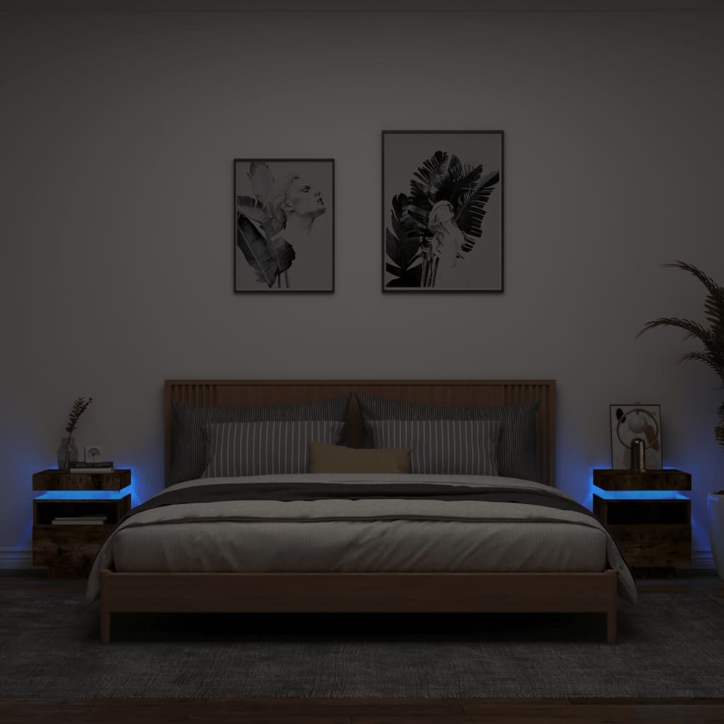 vidaXL Нощни шкафчета с LED осветление, 2 бр, опушен дъб, 40x39x48,5см
