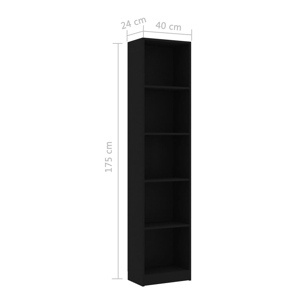 vidaXL 5-етажна библиотека, черна, 40x24x175 см, ПДЧ