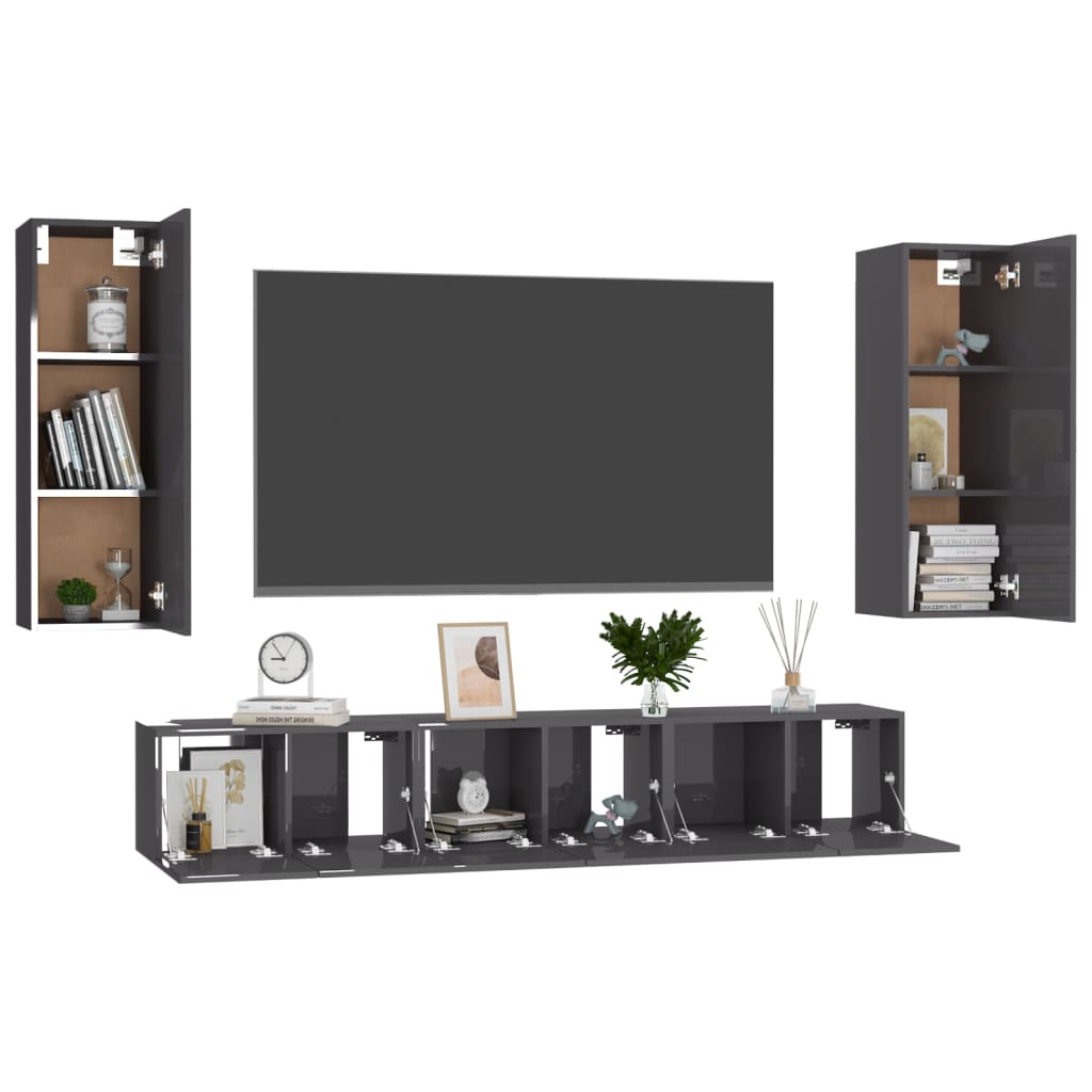 vidaXL Комплект ТВ шкафове от 5 части, сив гланц, ПДЧ