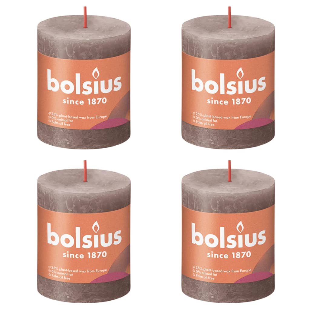 Bolsius Рустик колонни свещи Shine, 4 бр, 80x68 мм, ръждиво таупе