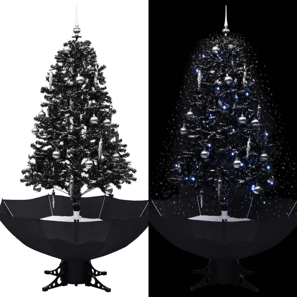 vidaXL Коледна елха с валящ сняг и основа от чадър, черна, 170 см, PVC