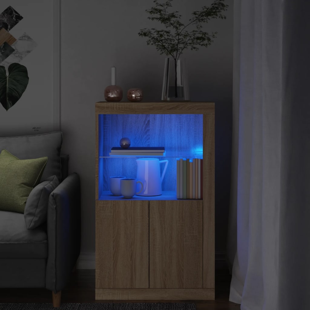 vidaXL Страничен шкаф с LED осветление, дъб сонома, инженерно дърво