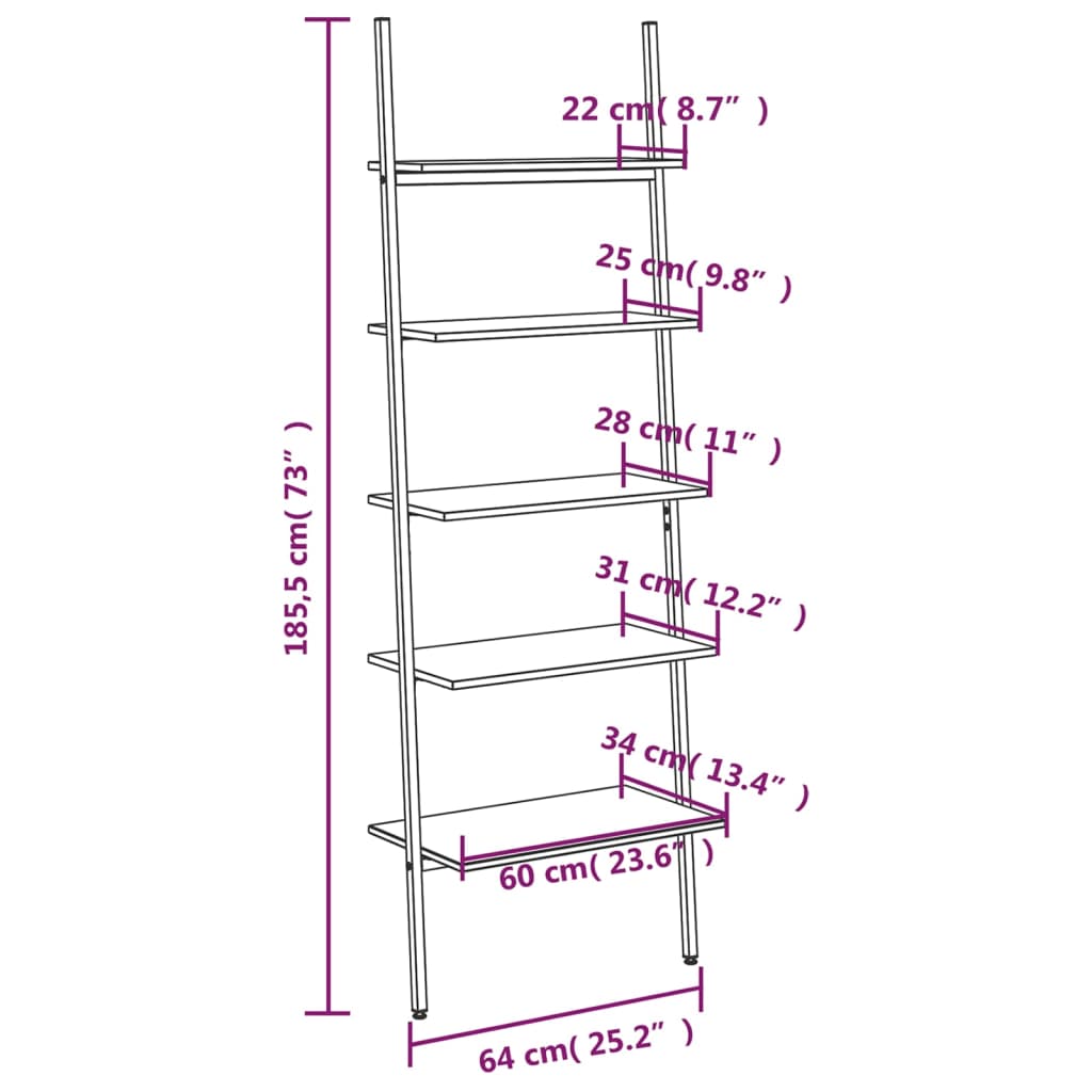 vidaXL Етажерка стълба с 5 рафта тъмнокафяво и черно 64x34x185,5 см