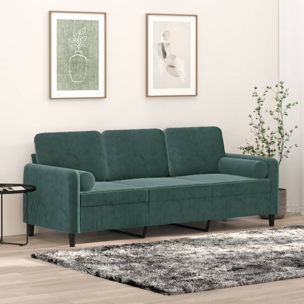 vidaXL 3-местен диван с възглавници тъмнозелен 180 см кадифе