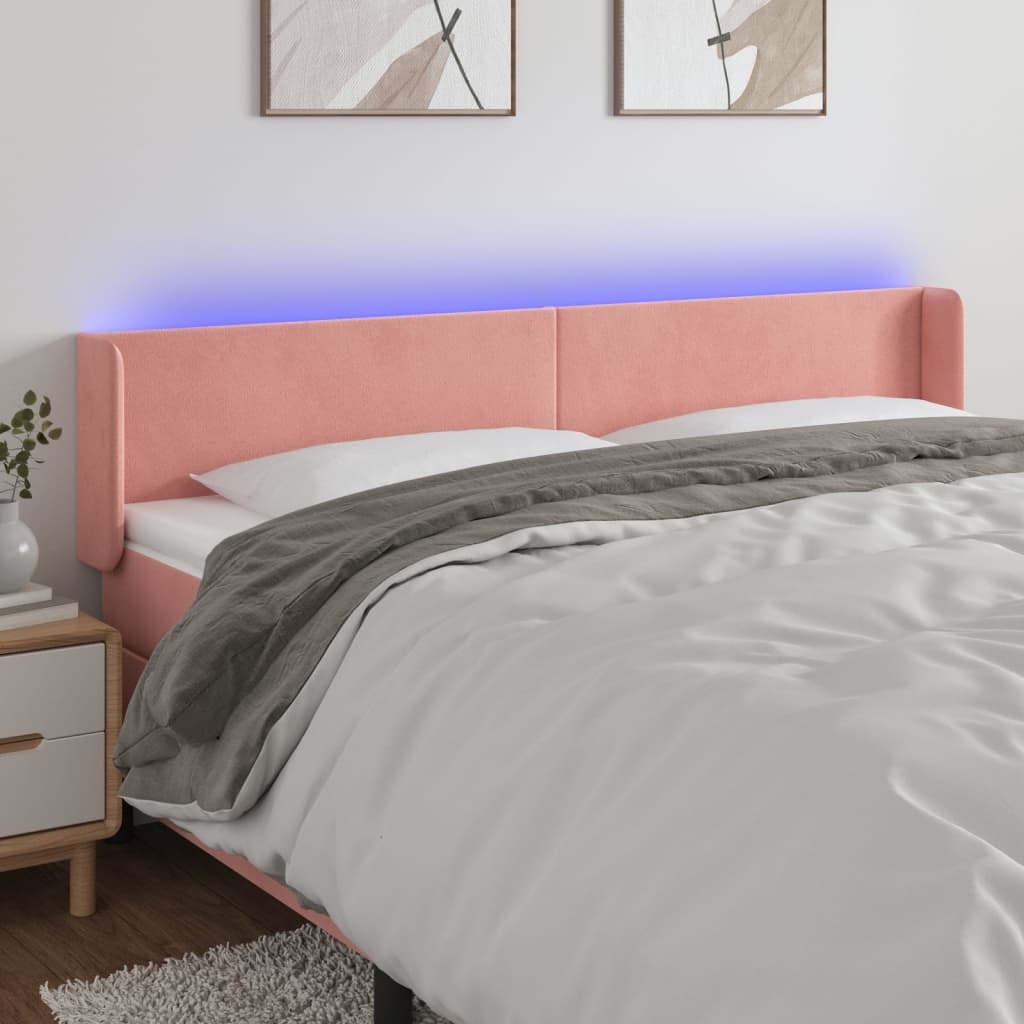 vidaXL LED горна табла за легло, розова, 203x16x78/88 см, кадифе