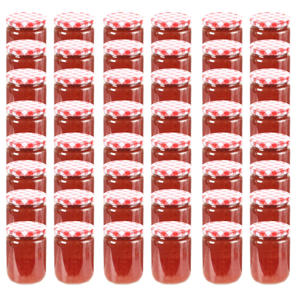vidaXL Стъклени буркани за сладко с бяло-червени капачки 48 бр 230 мл