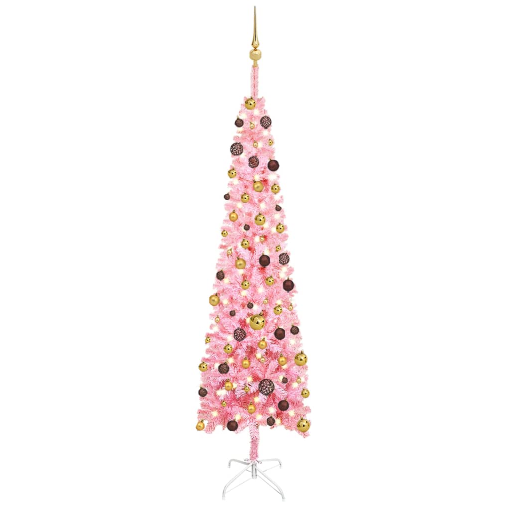 vidaXL Тънка изкуствена осветена коледна елха с топки, розова, 210 см