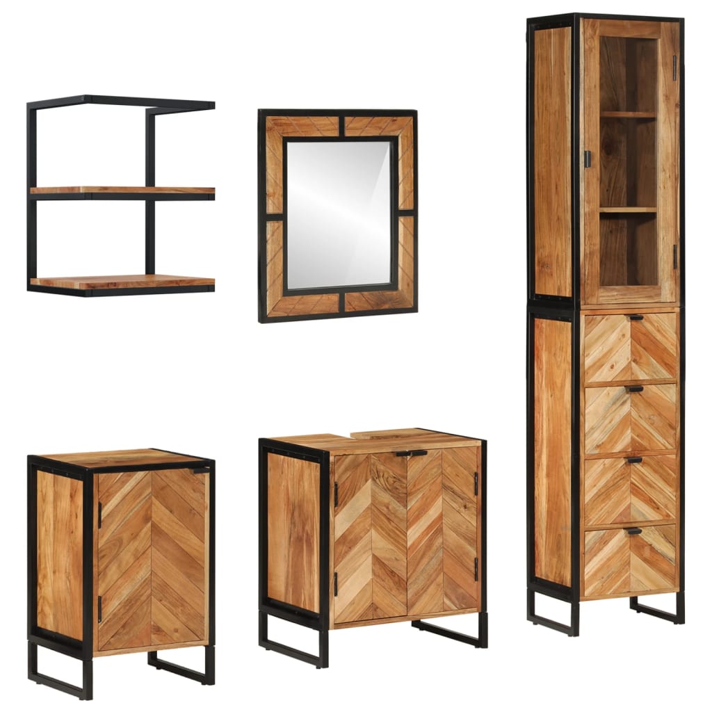 vidaXL Комплект мебели за баня, 5 части, желязо и масивна акация