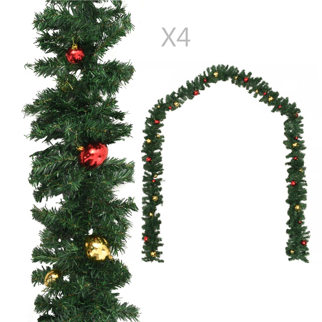 vidaXL Коледни гирлянди с топки, 4 бр, зелени, 270 см, PVC