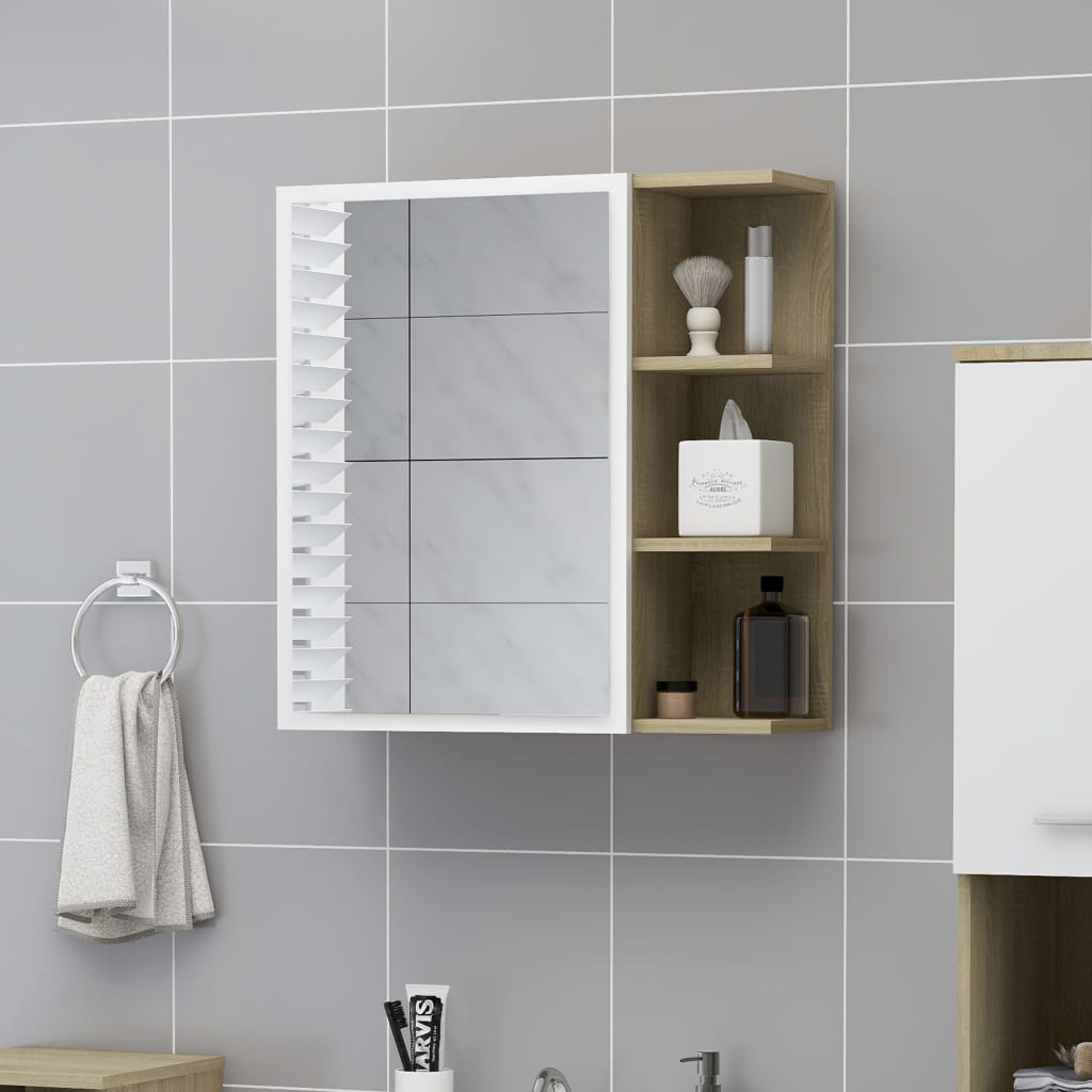 vidaXL Шкаф за баня с огледало бяло и дъб сонома 62,5x20,5x64 см ПДЧ