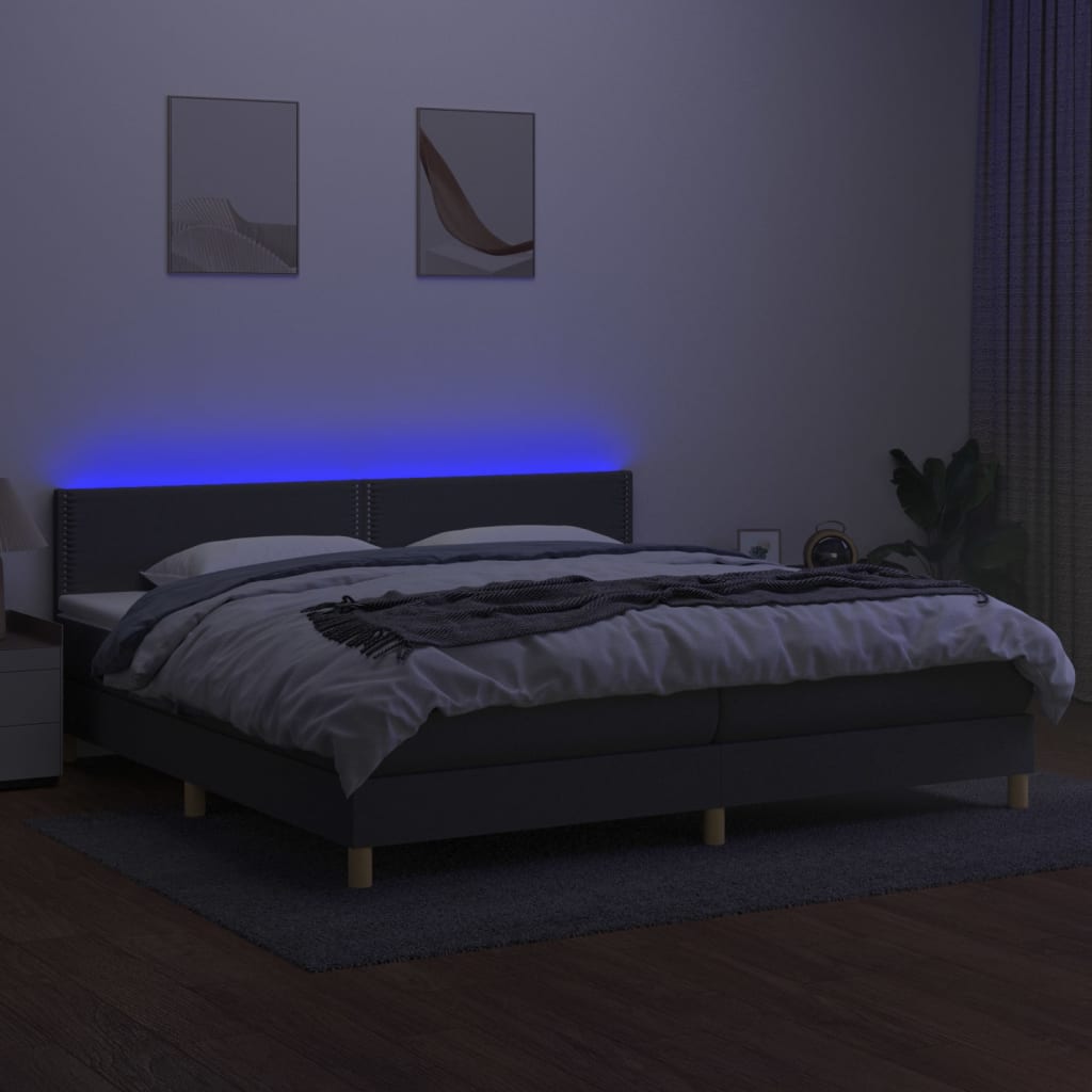 vidaXL Боксспринг легло с матрак и LED, тъмносива, 200x200 см, плат