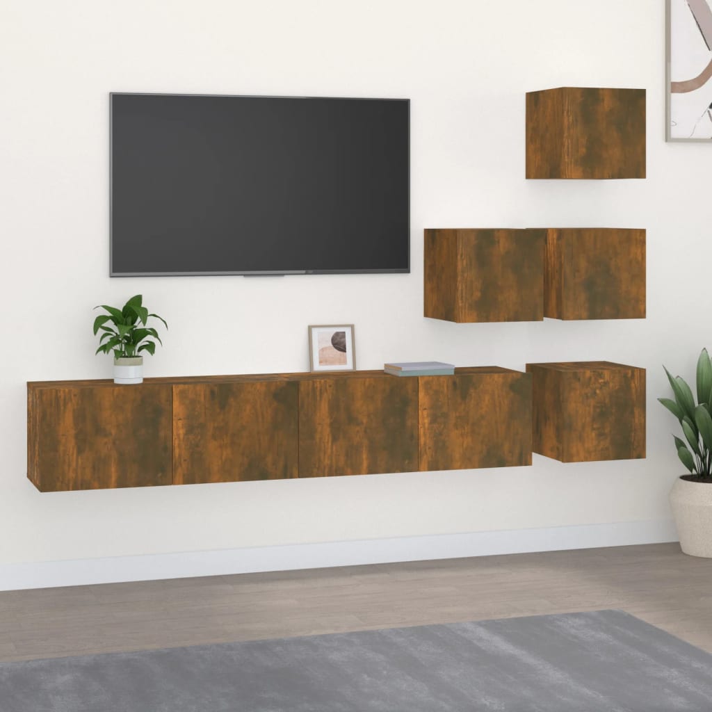 vidaXL ТВ шкафове за стенен монтаж, oпушен дъб, инженерно дърво