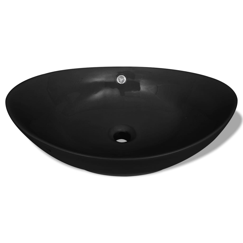 Луксозна керамична мивка с преливник, овална, черна, 59 x 38,5 см