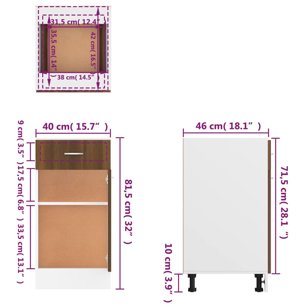 vidaXL Долен шкаф с чекмедже кафяв дъб 40x46x81,5 см инженерно дърво