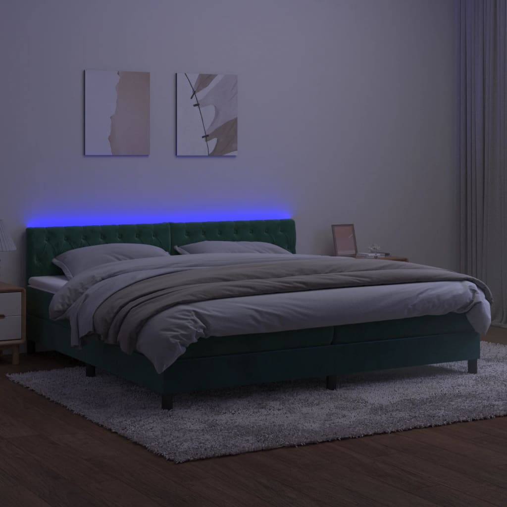 vidaXL Боксспринг легло с матрак и LED, тъмнозелено, 200x200см, кадифе