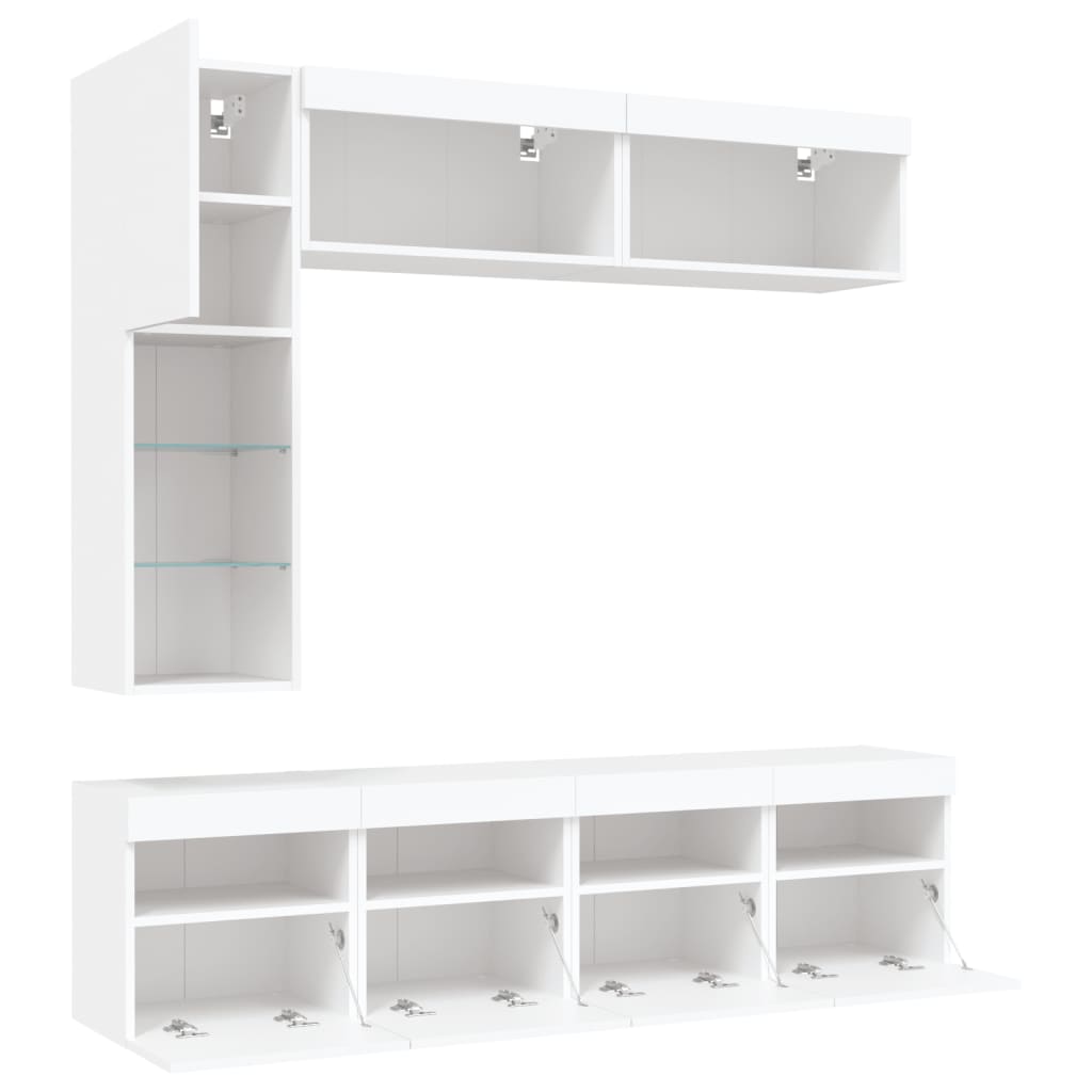 vidaXL Комплект ТВ стенни шкафове, 7 части, с LED светлини, бели