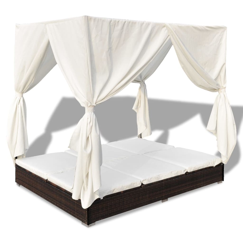 vidaXL Градинско лаундж легло със завеси, полиратан, кафяво