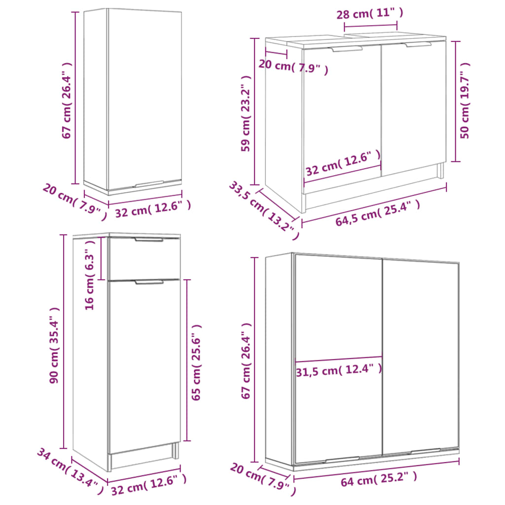 vidaXL Комплект шкафове за баня от 5 части инженерно дърво Сив сонома