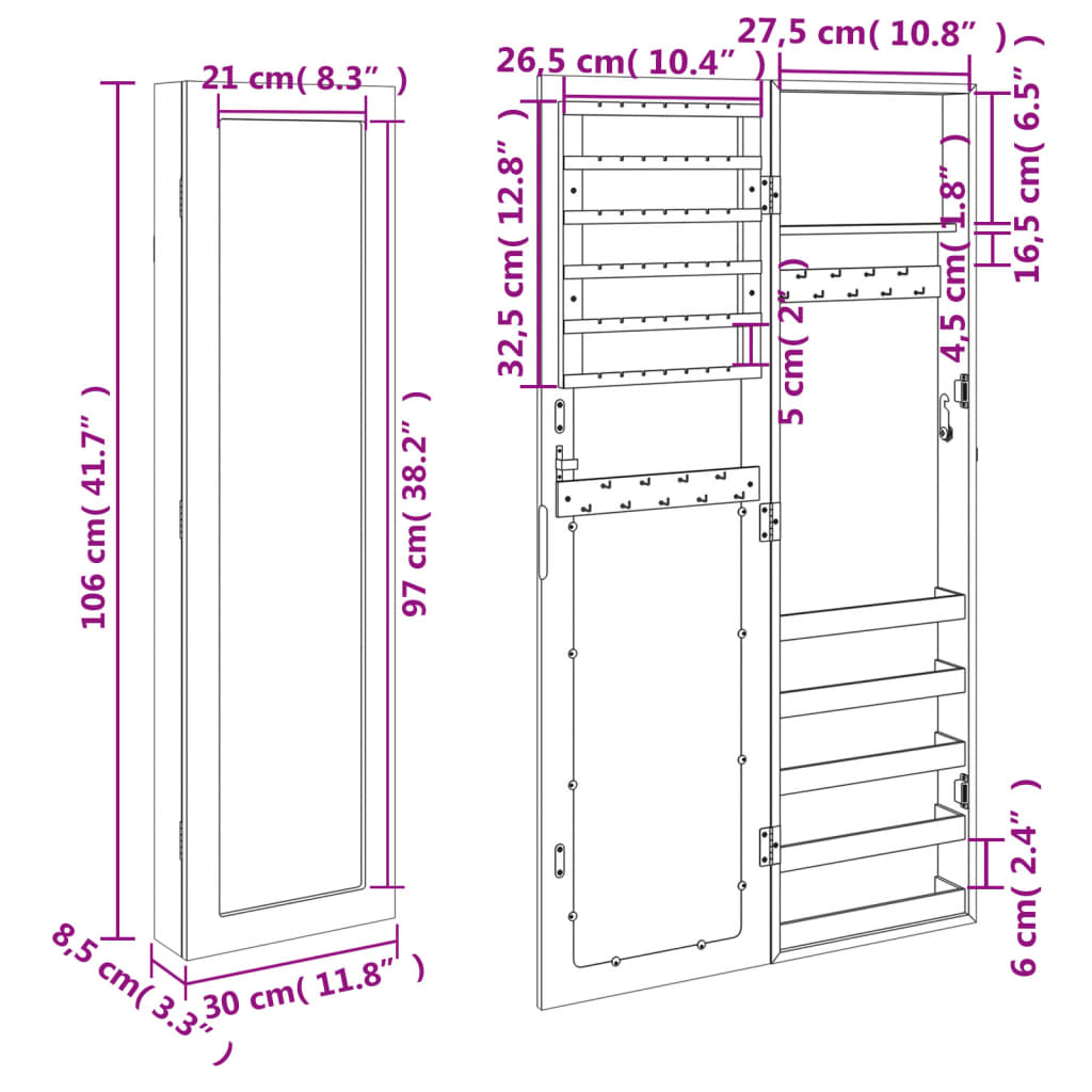 vidaXL Огледален шкаф за бижута, стенен монтаж, черен, 30x8,5x67 см