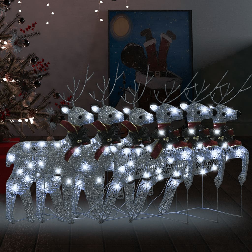 vidaXL Коледни елени, 6 бр, сребристи, 120 LED