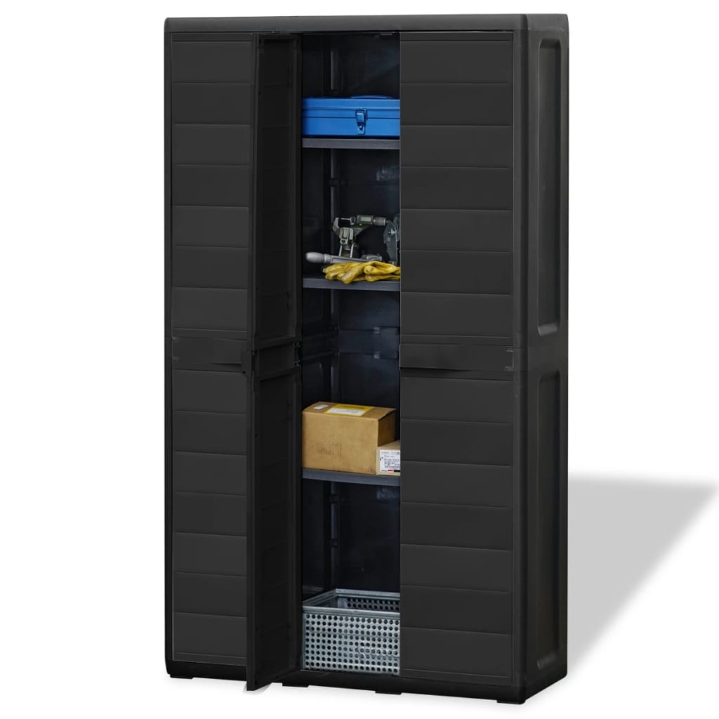 vidaXL Градински шкаф за съхранение с 4 рафта, черен